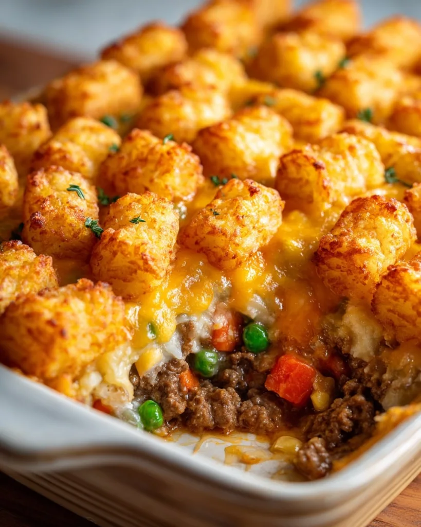 close-up of crispy tater tot casserole with beef, peas, and carrots