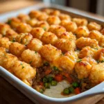 crispy tater tot casserole recipe in baking dish with golden tots and creamy filling