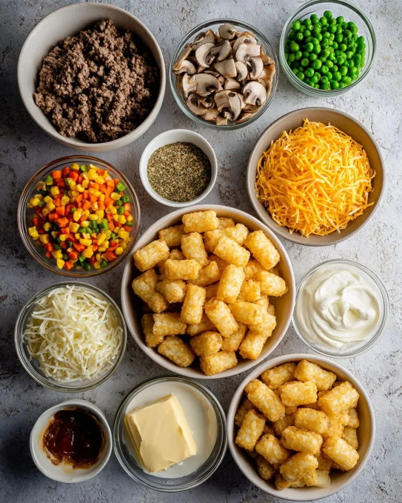 ingredients for tater tot casserole recipe including beef, vegetables, cheese, and tater tots
