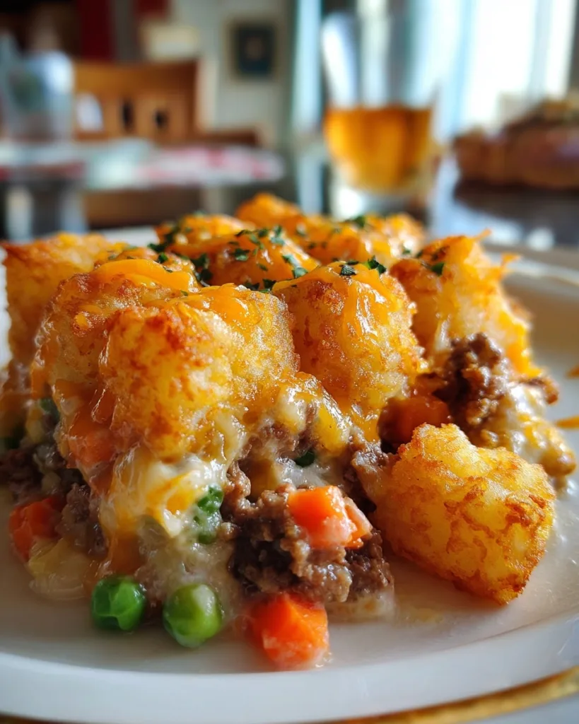 close-up of plated tater tot casserole with golden tots and cheesy filling