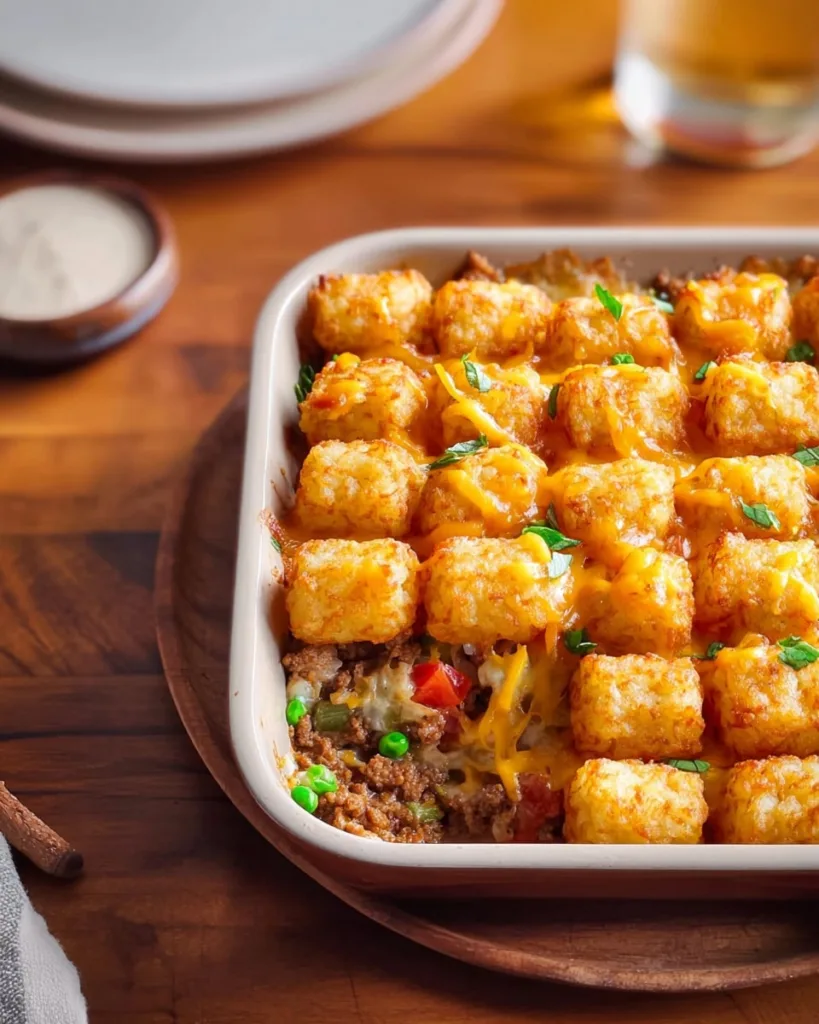 top view of baked tater tot casserole with golden brown topping
