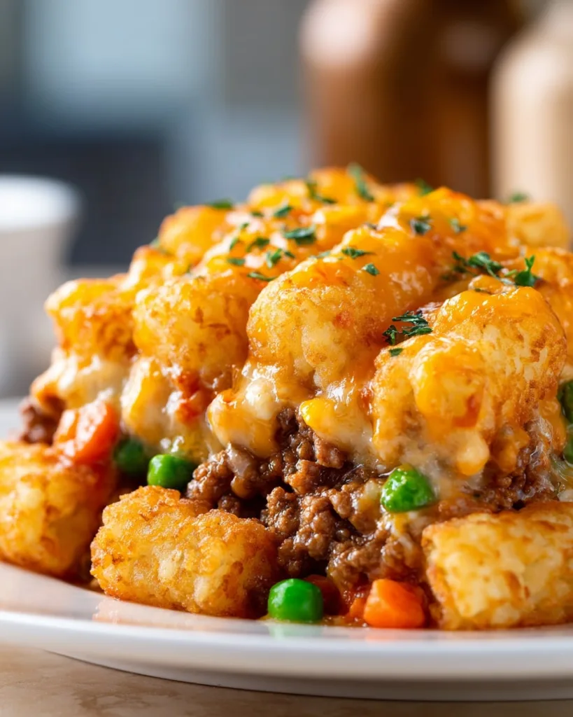 side view of tater tot casserole slice showing beef, peas, carrots, and crispy tots