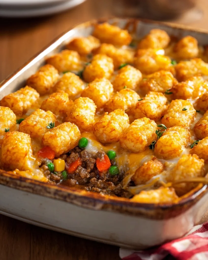 tater tot casserole recipe with fresh parsley garnish