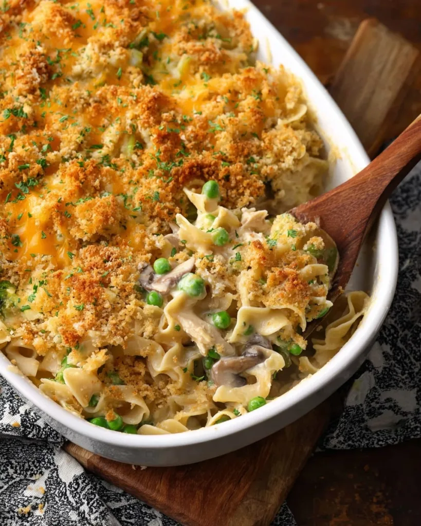 Baked tuna noodle casserole with mushrooms and peas in white dish