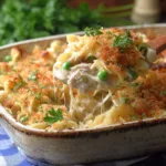 Scooping creamy tuna noodle casserole with peas and crispy topping