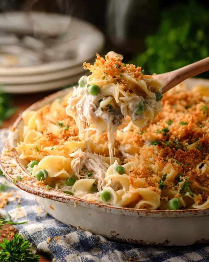 Serving spoon lifting cheesy tuna noodle casserole with peas