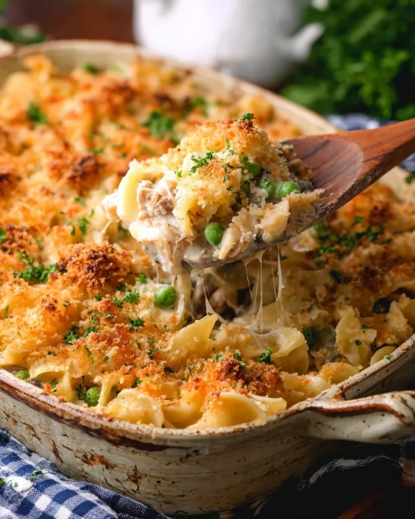 Classic tuna noodle casserole with golden breadcrumb topping
