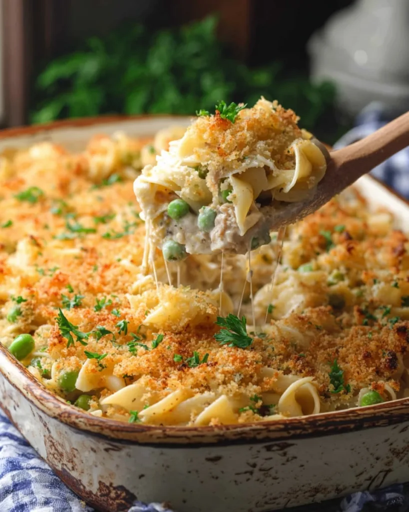 Step-by-step tuna casserole recipe showing creamy noodles and topping