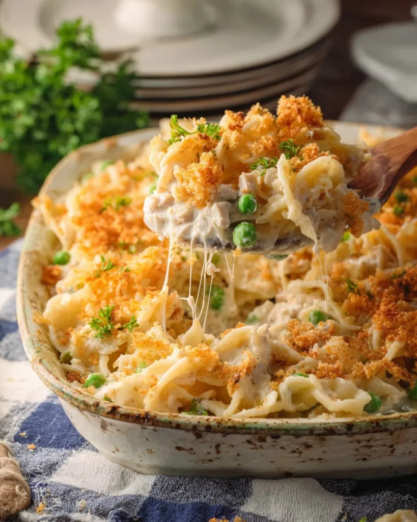 Final serving of tuna noodle casserole with melted cheese and parsley