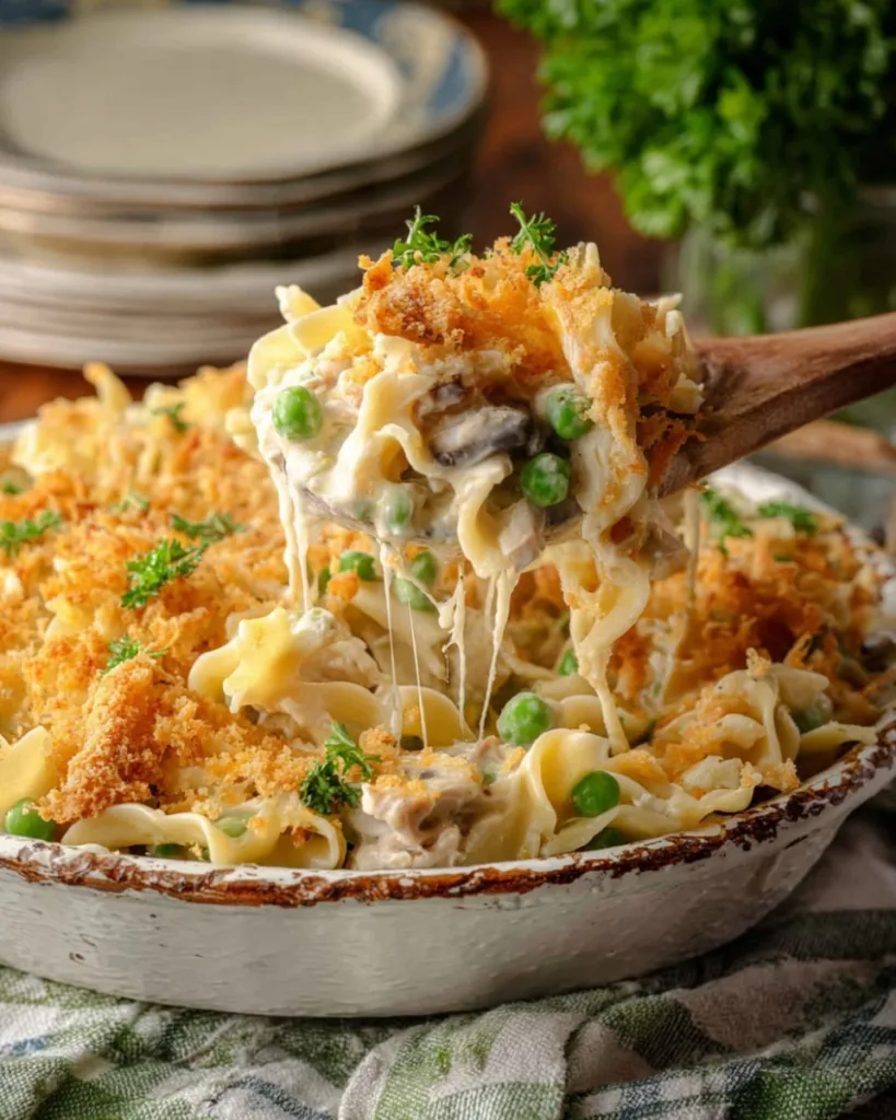 Homemade tuna noodle casserole with peas and crispy topping