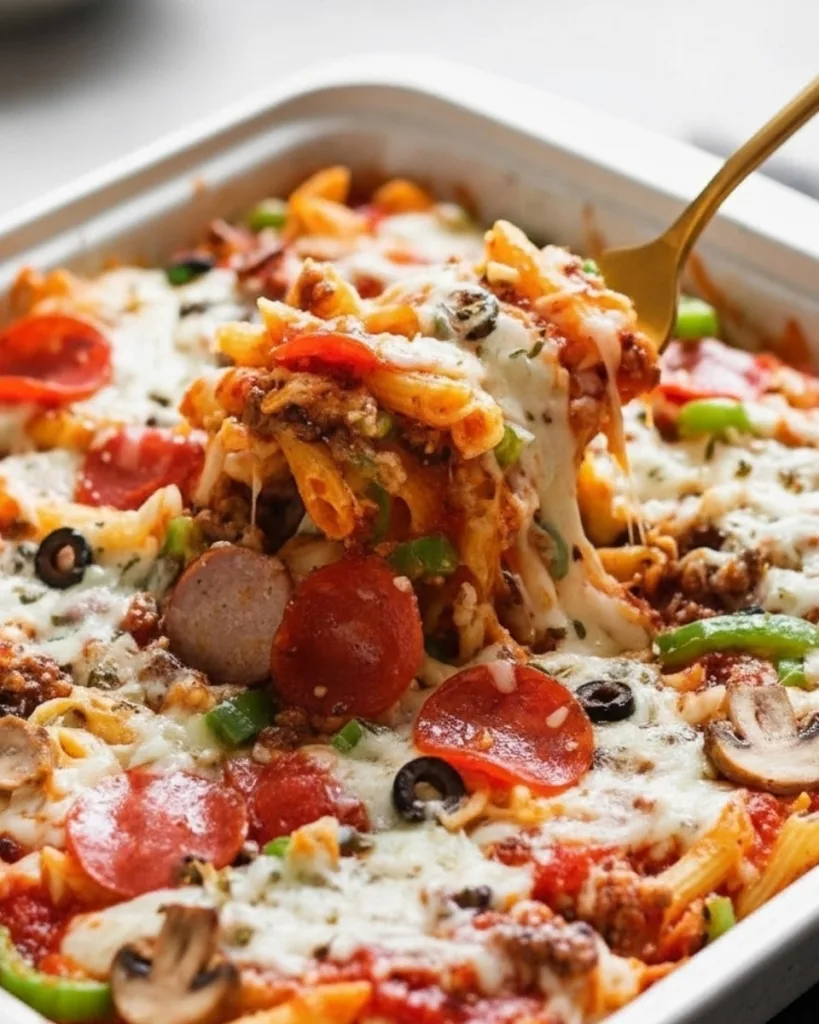 Pizza pasta bake portion with cheese pull, pepperoni, and olives on plate