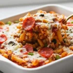 Baked pizza casserole with golden cheese crust, pepperoni, and vegetables