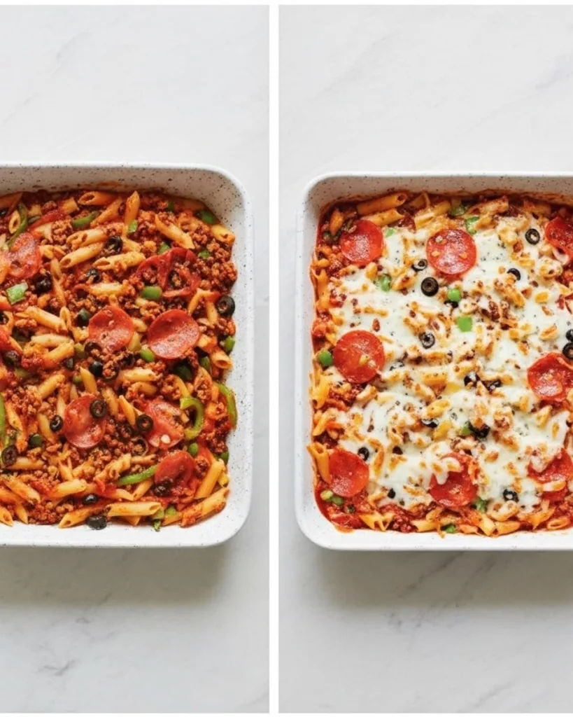 Pizza casserole with melted mozzarella cheese, pepperoni, and bell peppers in white baking dish