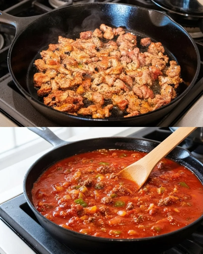 Serving spoon lifting cheesy pizza casserole portion with pepperoni and olives