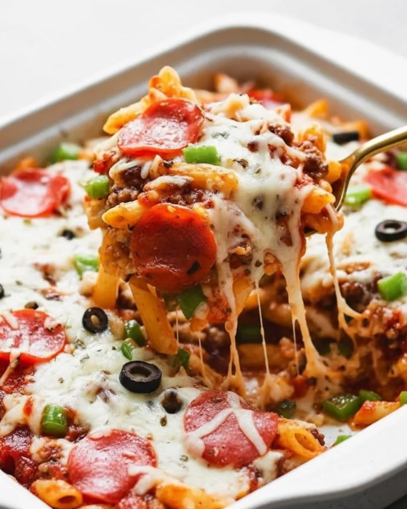 Pizza casserole mixture with marinara sauce, meat, and bell peppers in skillet