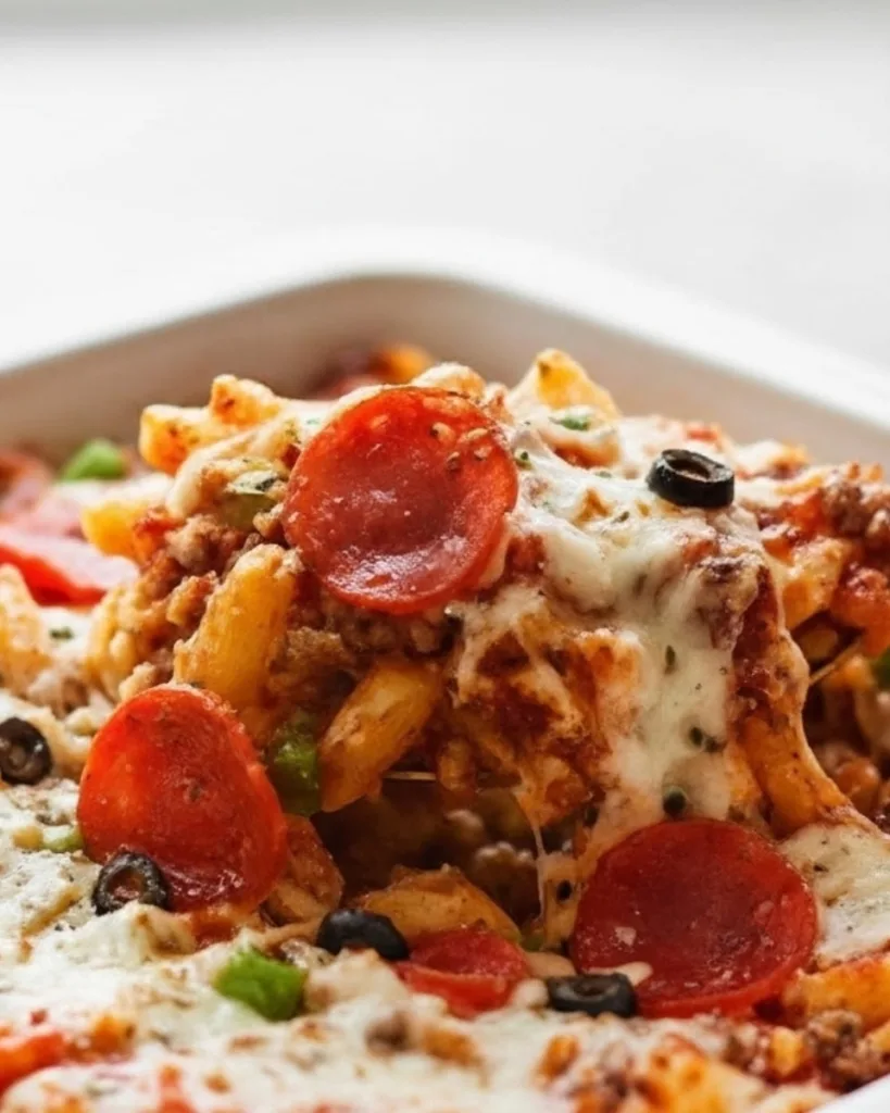 Pizza pasta bake portion with cheese pull, pepperoni, and olives on plate