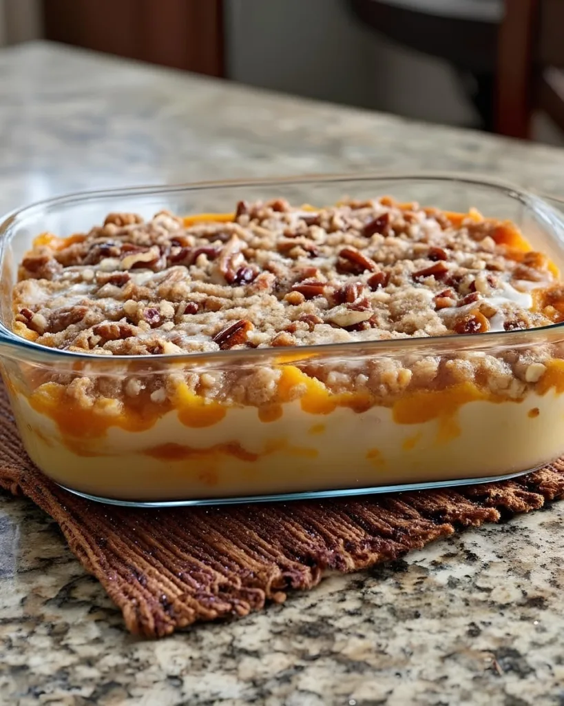 Sweet potato casserole with pecan topping showing creamy layers from side angle