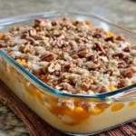 Southern sweet potato casserole with pecan streusel topping in glass baking dish