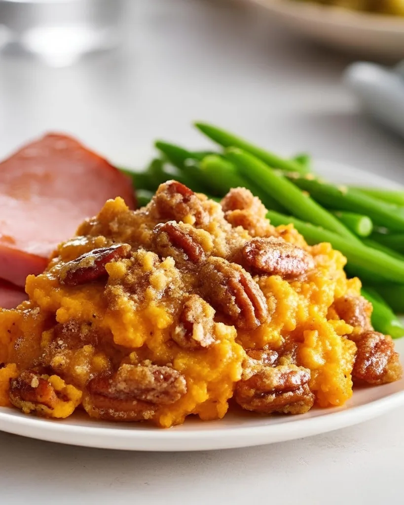 Unbaked sweet potato casserole topped with pecans and brown sugar streusel ready for oven