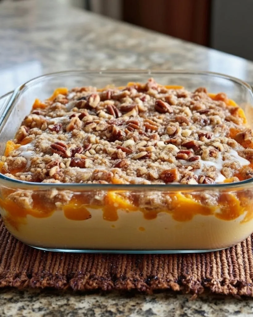 Close up of sweet potato casserole layers showing creamy base and pecan crumble