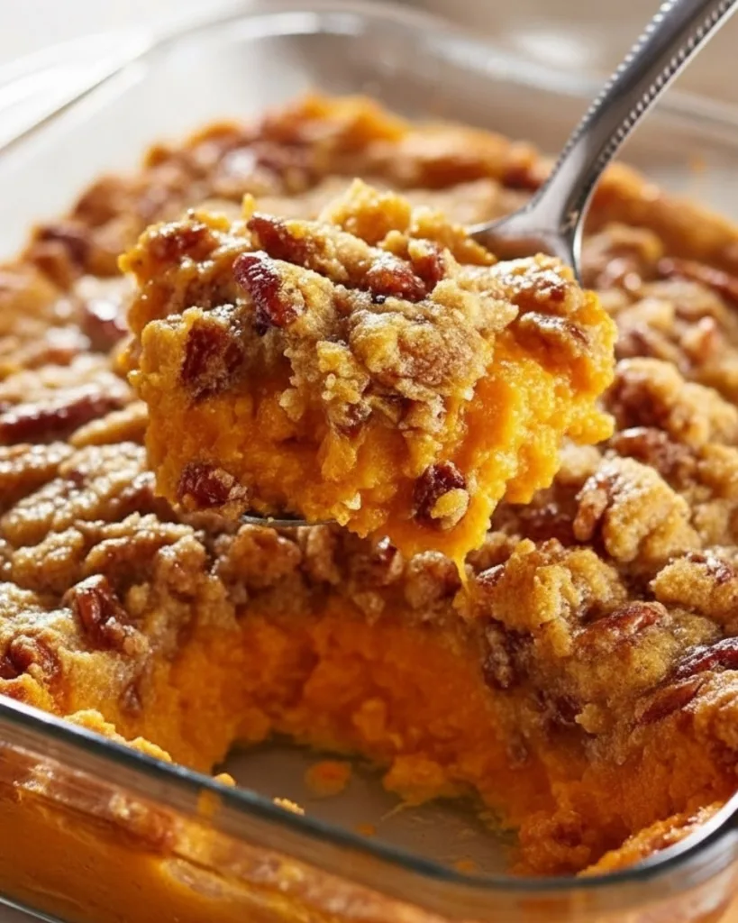 Serving of Southern sweet potato casserole plated with glazed ham and green beans