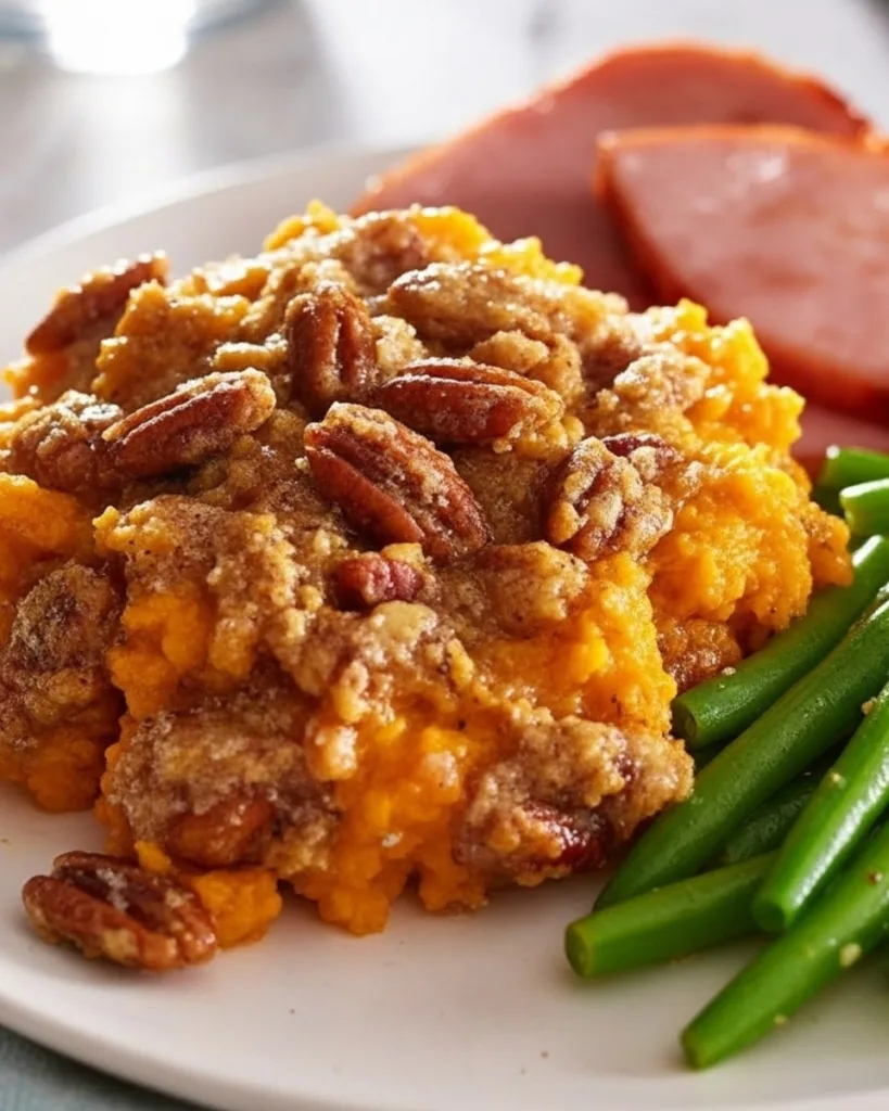 Spoonful of creamy sweet potato casserole with pecan streusel being lifted from dish