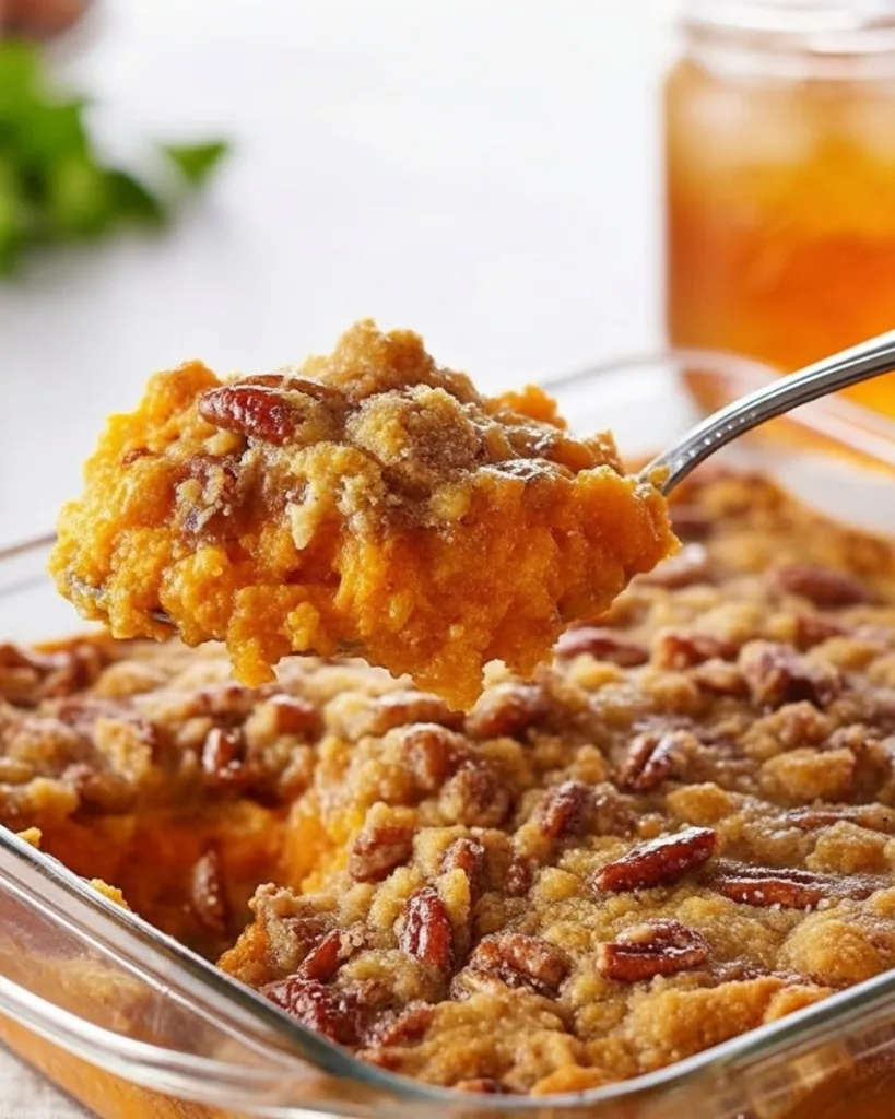 Single serving of sweet potato casserole with pecan topping on white plate with ham