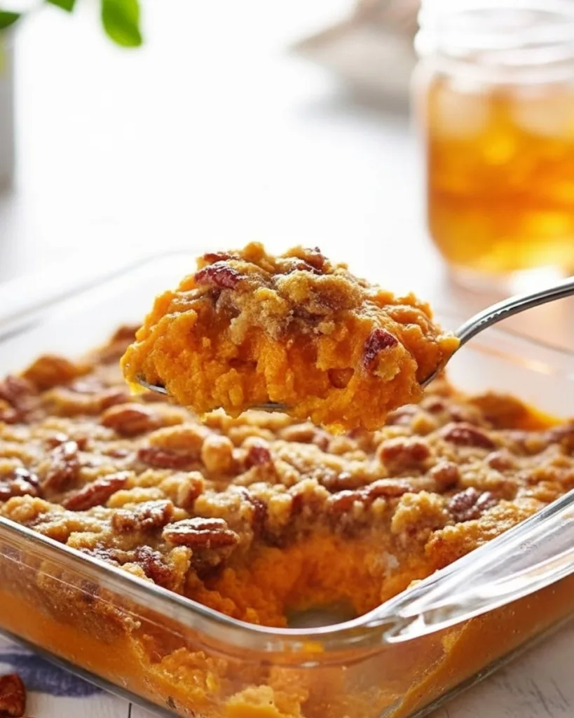 Close up of spoon holding creamy sweet potato casserole bite with pecan topping