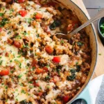 stuffed pepper casserole in blue pan, cheesy topping