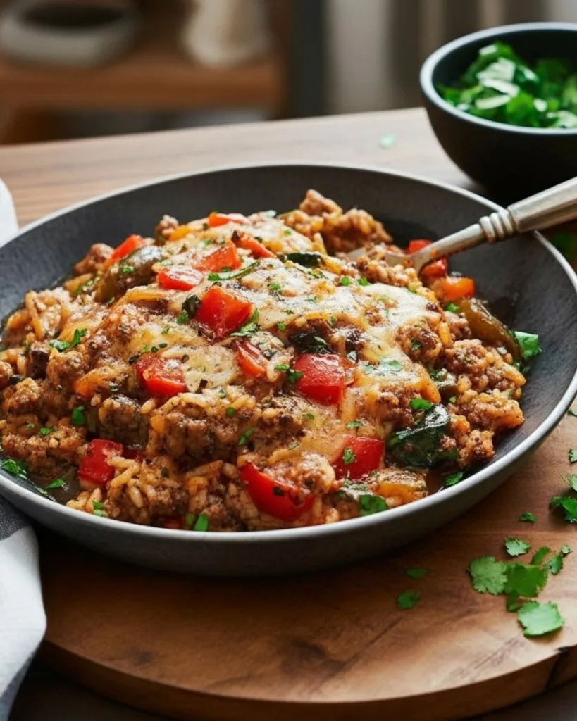 one-pan stuffed pepper casserole topped with cheese