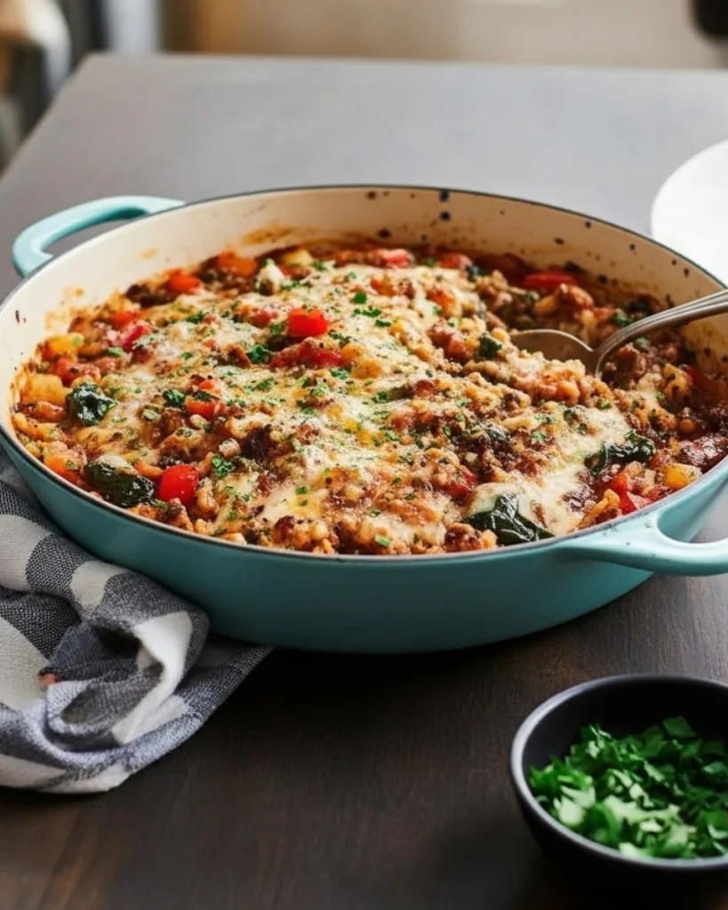 step-by-step stuffed pepper casserole, scooping to serve