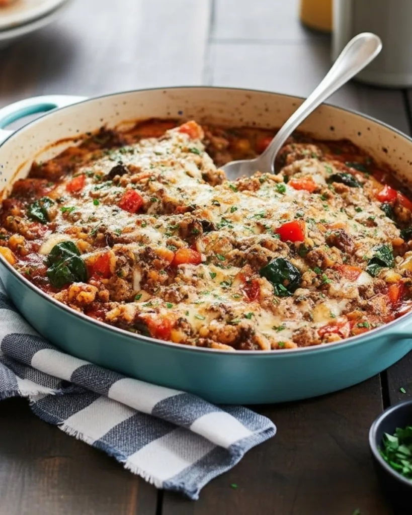 healthy stuffed pepper casserole bowl with cheese and peppers