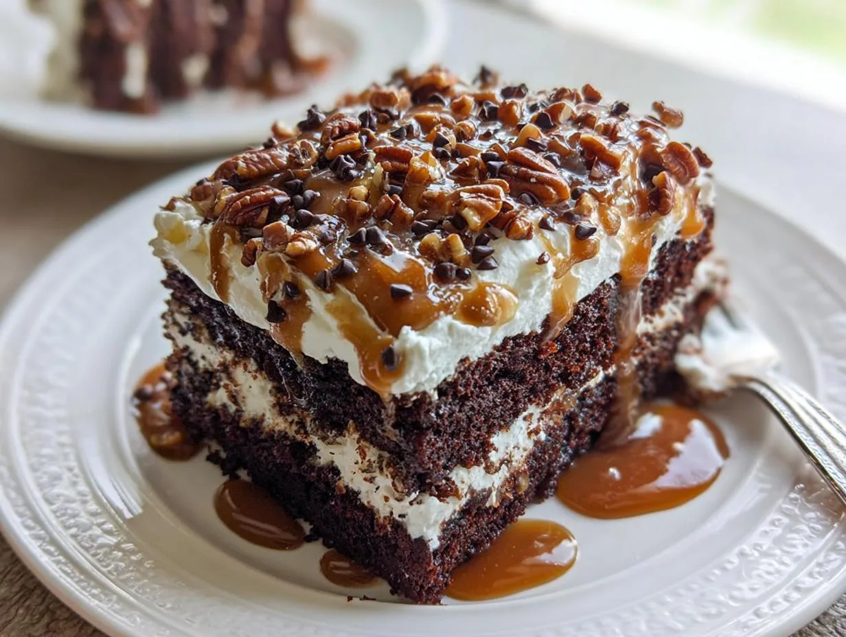 Chocolate Caramel Turtle Cake